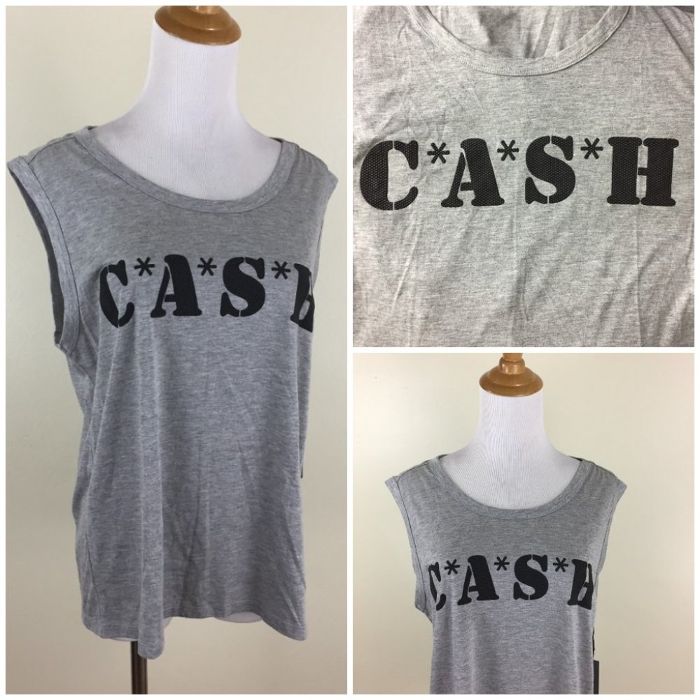 NWT LOVERS +FRIENDS Gray Black Textured CASH Print Sleeveless Tank Top